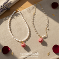Verdanthands Handmade Preserved Pink Rose Bud Necklace - Real Flower & Freshwater Pearl Jewelry - Romantic Botanical Gift for Her