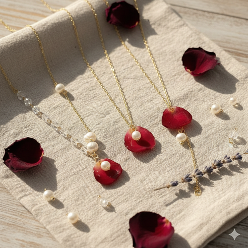 Verdanthands Handmade Real Rose Petal Necklace with Pearl - Preserved Botanical Jewelry for Her - Gold Dainty Flower Pendant
