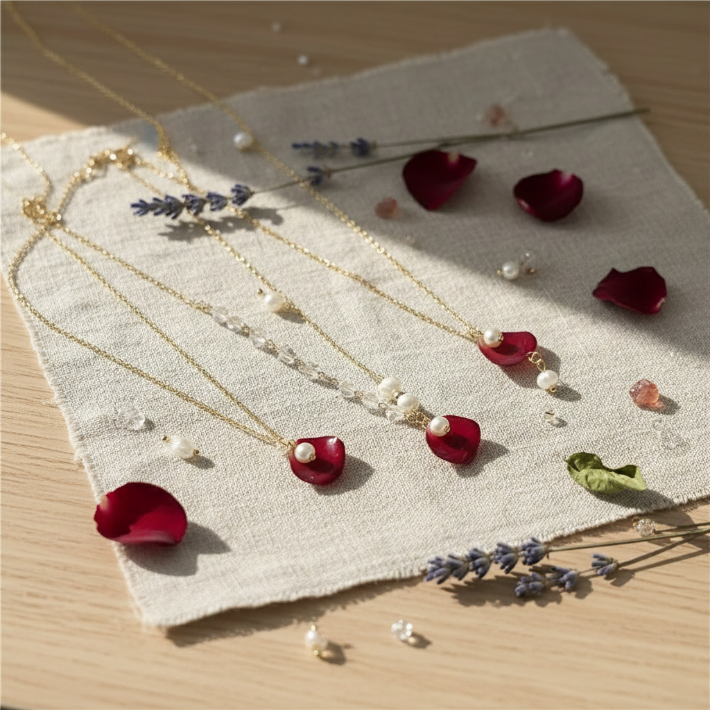 Verdanthands Handmade Real Rose Petal Necklace with Pearl - Preserved Botanical Jewelry for Her - Gold Dainty Flower Pendant