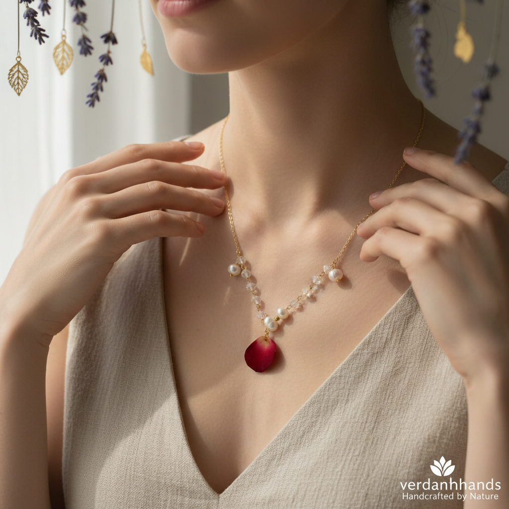 Verdanthands Handmade Real Rose Petal Necklace with Pearl - Preserved Botanical Jewelry for Her - Gold Dainty Flower Pendant