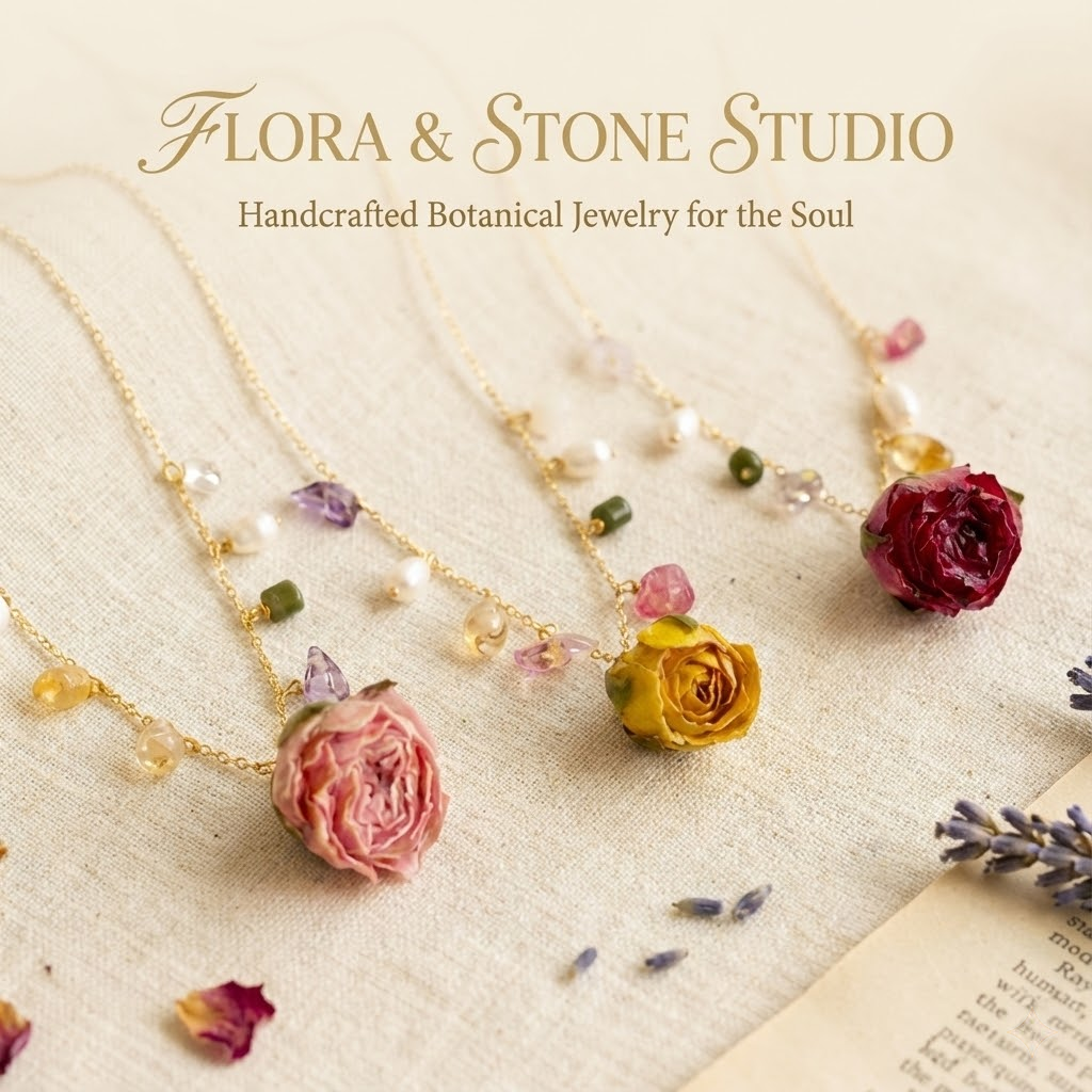 Verdanthands- Handmade Real Flower  Necklace Original Real Dried Pink Rose Necklace in Vintage Style, 14K Gold-Filled